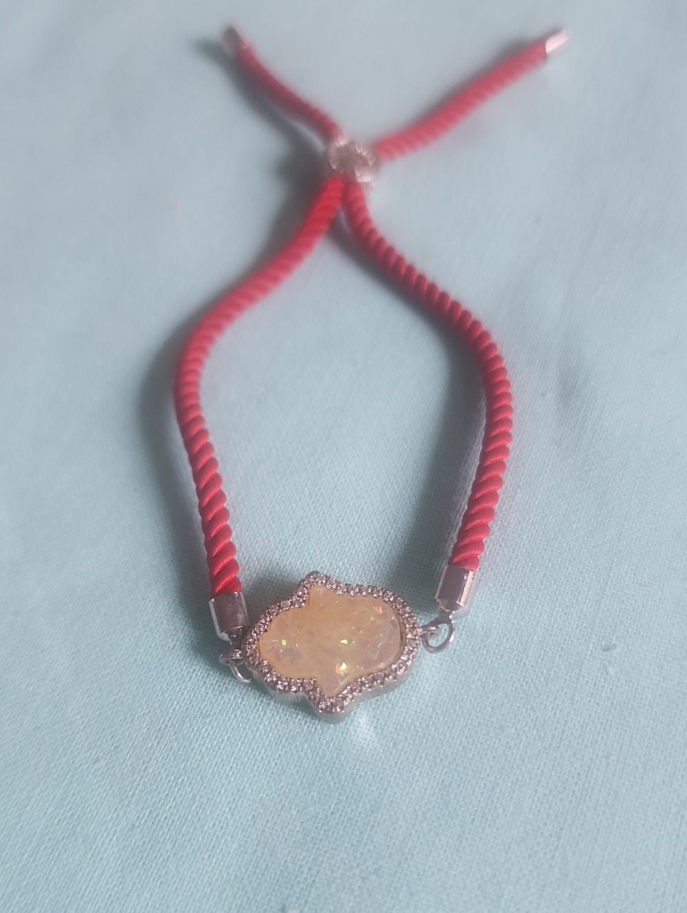 Red Rope Bracelet with Opal-Look Hamsa Charm - Women Jewelry